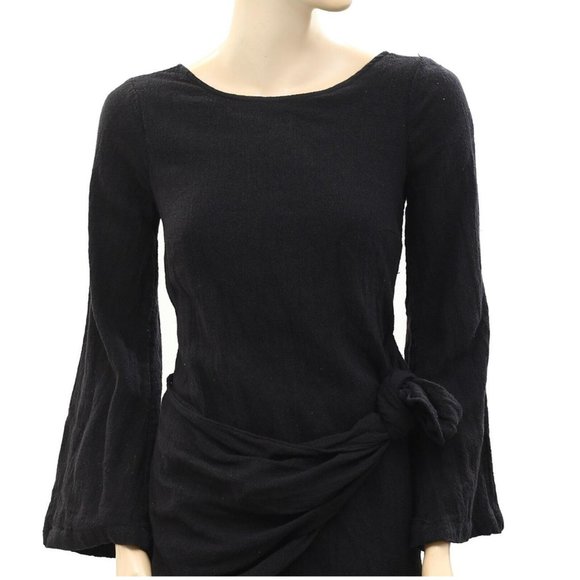 NWT Free People Simona Black Long Sleeve Mini Dress Lace Up Buttoned Low Cut - Picture 5 of 7